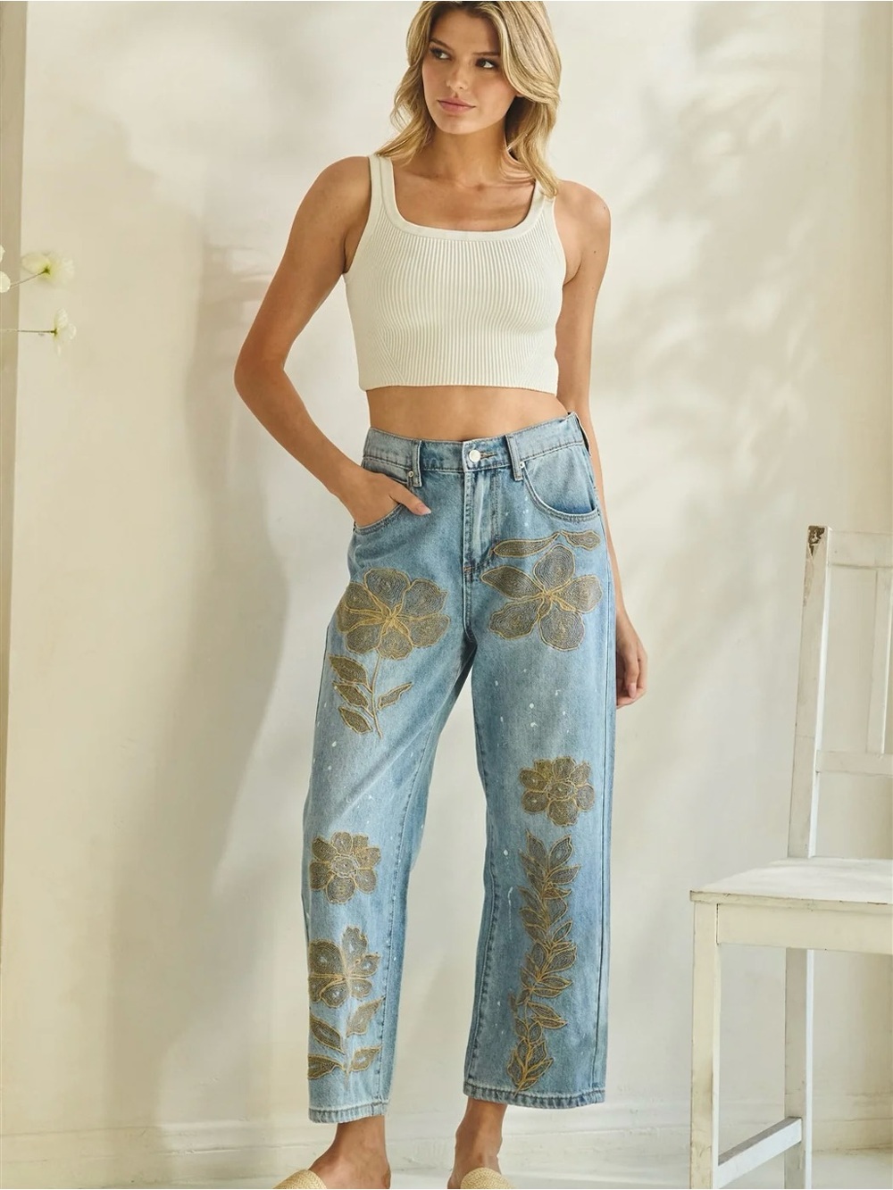 Oli & Hali Floral Embroidered Jeans | High Waist Ankle Crop Statement Denim - Picture 5 of 8